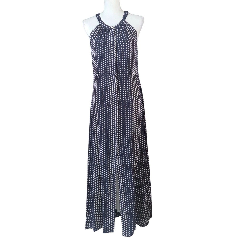Waverly Grey 100% Silk Halter Maxi Dress Navy Polka Dot 4 Flowy Resort Summer
